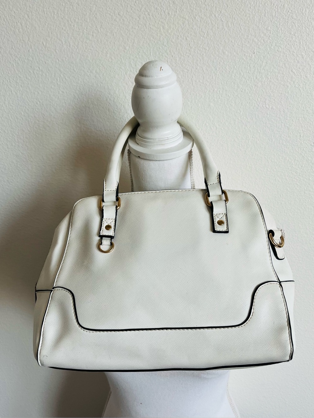 Cream Structured Satchel with Black Trim